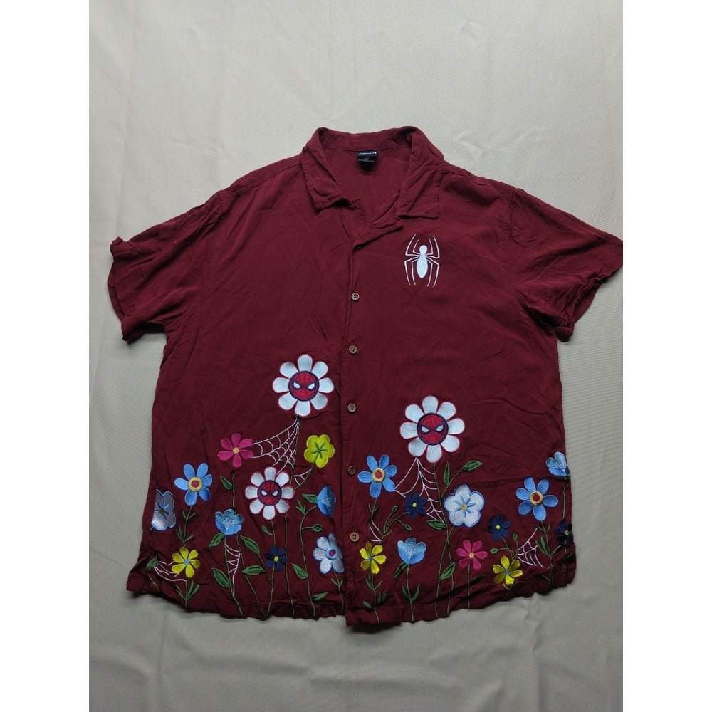 Marvel Spider-Man Embroidered Floral Button Down Shirt Mens Large Maroon Red